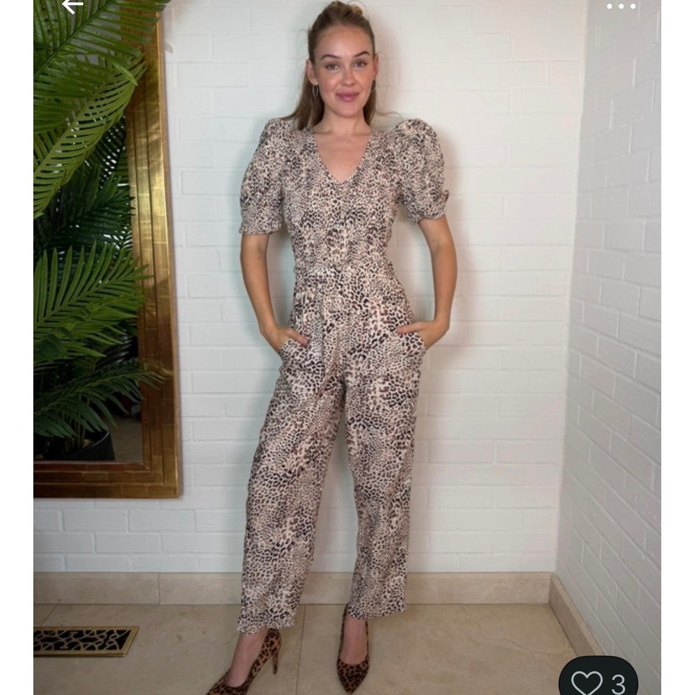 SEA NEW YORK CALLA CHEETAH PRINT JUMPSUIT Sz 4 PUFF SLEEVE TIE BACK COTTON CHIC